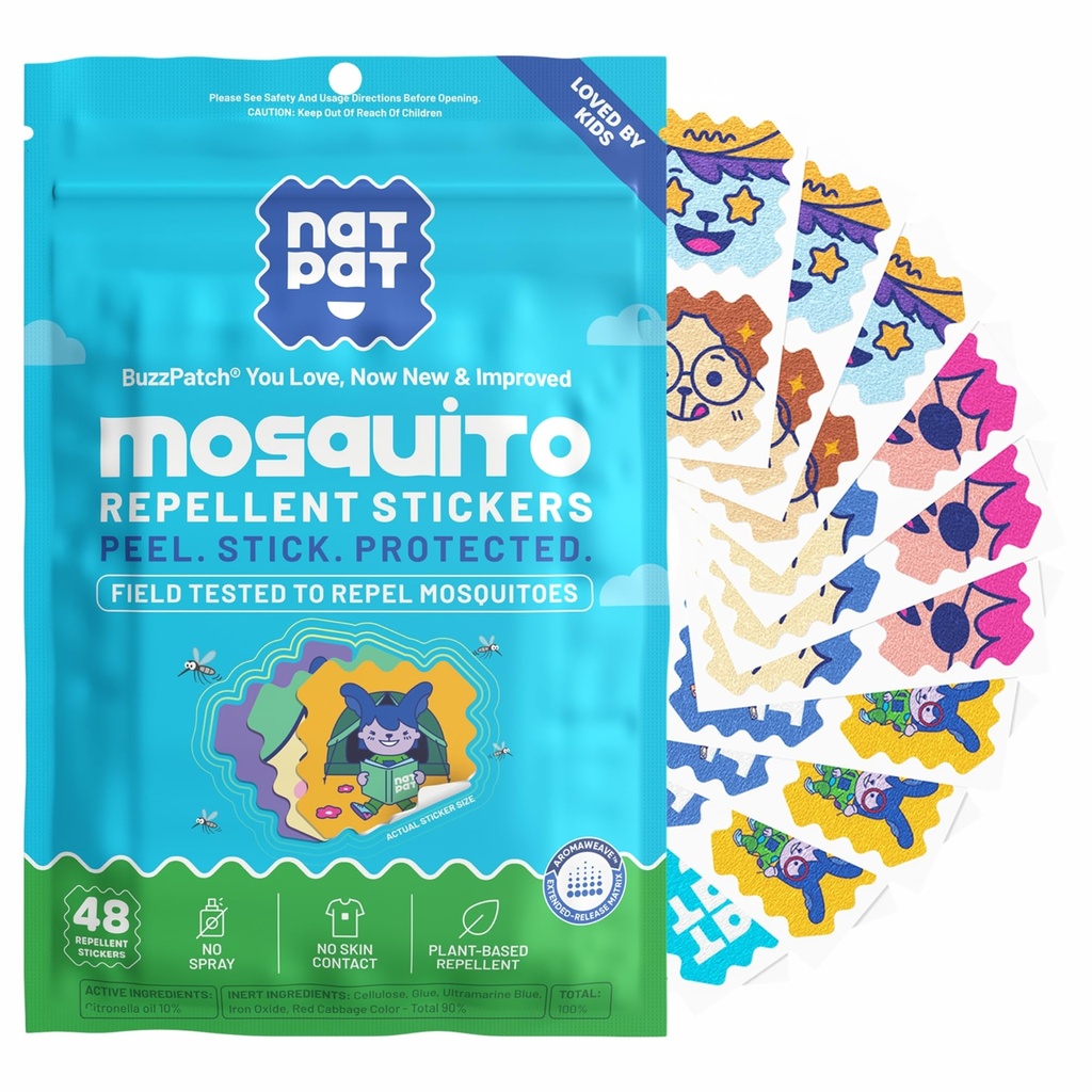 NATPAT 버즈 패치 Mosquito 패치 스티커 - 공장 기반 성분, 비 독성 - 원래 모든 자연 Citronella 정유 곤충 패치, DEET 무료, 유아, 어린이 (60 팩)