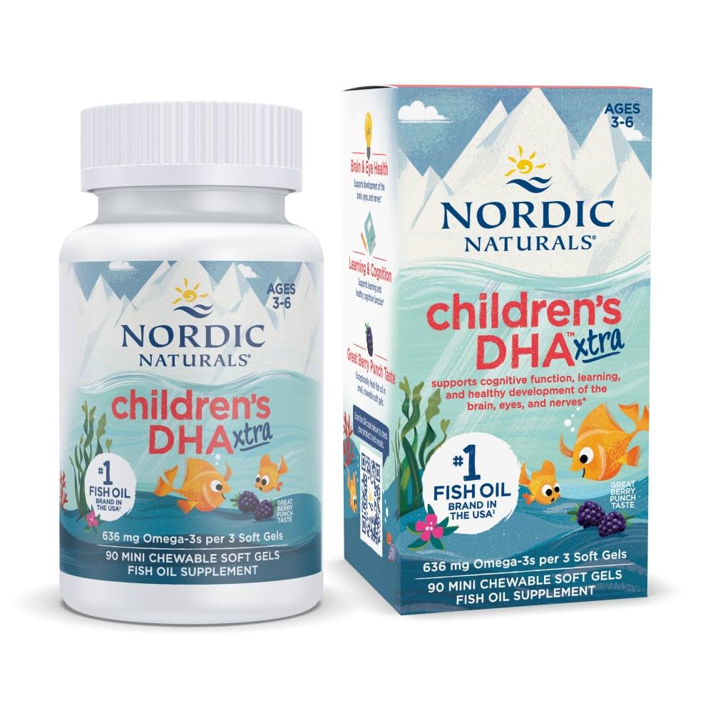 Nordic Naturals Children's DHA Xtra, Berry Punch - 아이들을위한 90 미니 Chewable Soft Gels - 636 mg Omega-3s EPA 및 DHA - Cognitive & Immune Function, Learning, Social Development - Non-GMO - 30 서빙
