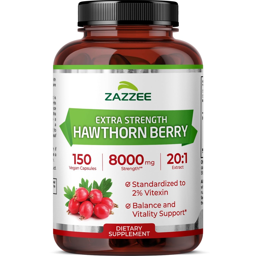 Zazzee 여분 힘 Hawthorn Berry 20:1 추출물, 8000 mg 힘, 2% Vitexin, 150 Vegan 캡슐, 5 달 공급, 집중하고 표준화한 유력한 20X 추출물, 비 GMO 및 모든 자연