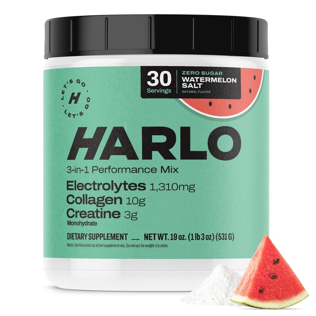 Harlo - 수박 소금 전해질 음료 혼합 w/Bovine 교원질 & Creatine - Creatine Monohydrate 분말 - 에너지 음료 분말 - 사전 운동 분말 - 설탕 무료 에너지 음료 - 포스트 운동 회복