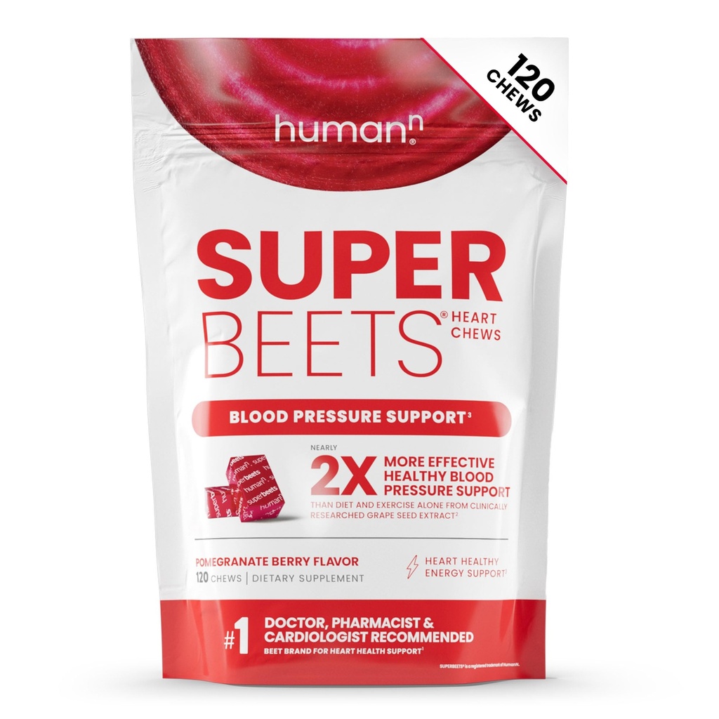 HumanN SuperBeets Heart Chews, Nitric 산화물 및 혈압 지원, 포도씨 추출물 & 비 GMO 사탕 뿌리 분말 에너지, 석류 베리 풍미, 120 조사