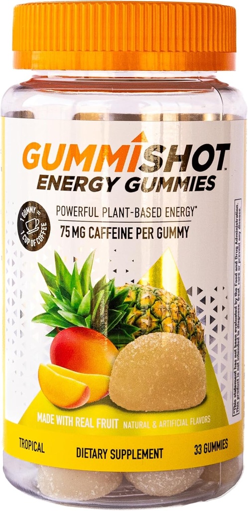 GummiShot 에너지 Gummies, 병, 긴 지속 에너지 부스터, 열대 (33ct) 당 식물 기반 카페인 Chews의 2475mg