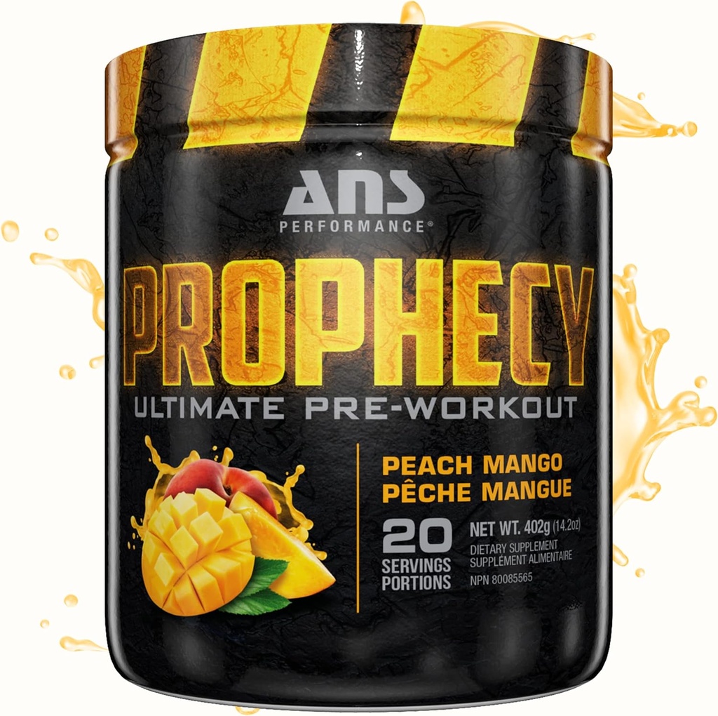 ANS 성과 Prophecy 전 운동 분말 (20 서빙, 14.5 온스) - 글루텐 자유로운 전 운동 공식 - 에너지 & 힘 - 설탕 자유로운 증가 힘 & 운동 Volum (Peach Mango)
