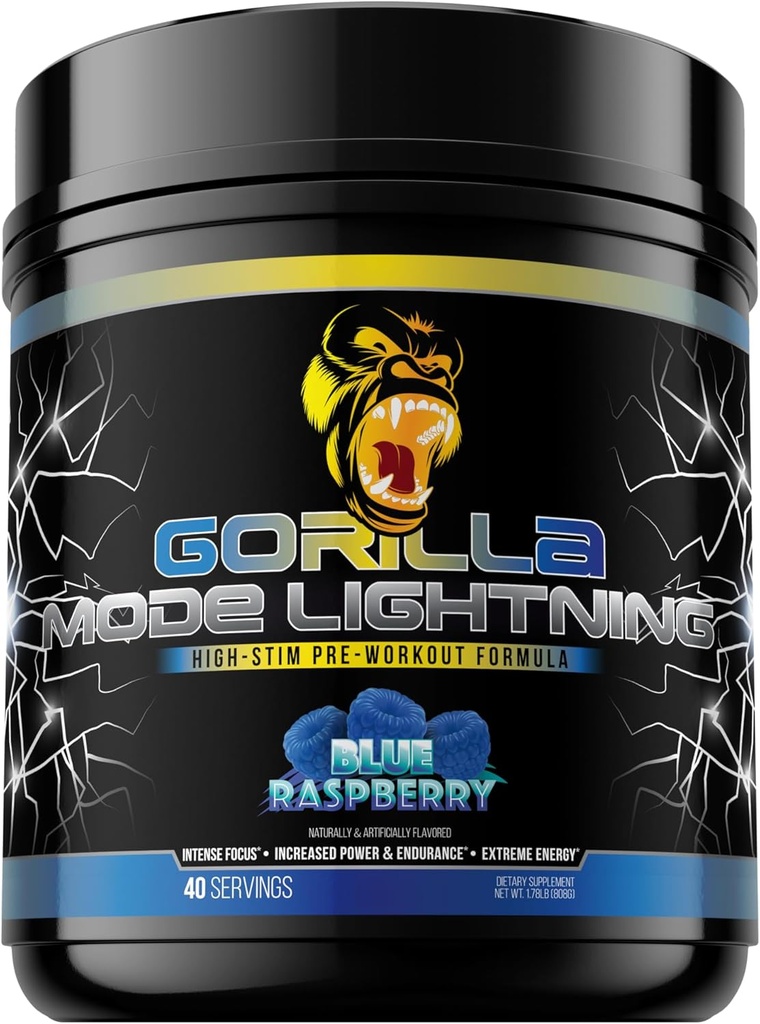 Gorilla 모드 번개 사전 운동 - 극한 에너지 · 레이저 초점 · 강력한 펌프 · 피크 성능 - 550mg 카페인, 13500mg L-Tyrosine, 알파 GPC - 808g (블루 라즈베리)