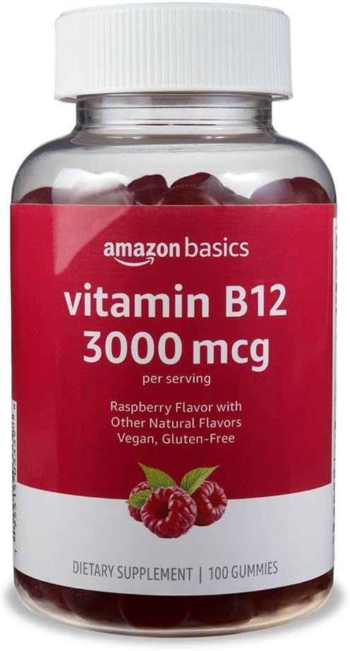 기본 비타민 B12 3000 mcg Gummies, 일반 에너지 생산 및 Metabolism, 면역 시스템 지원, 라즈베리, 100 개 (2 서빙 당) (이전 Solimo)
