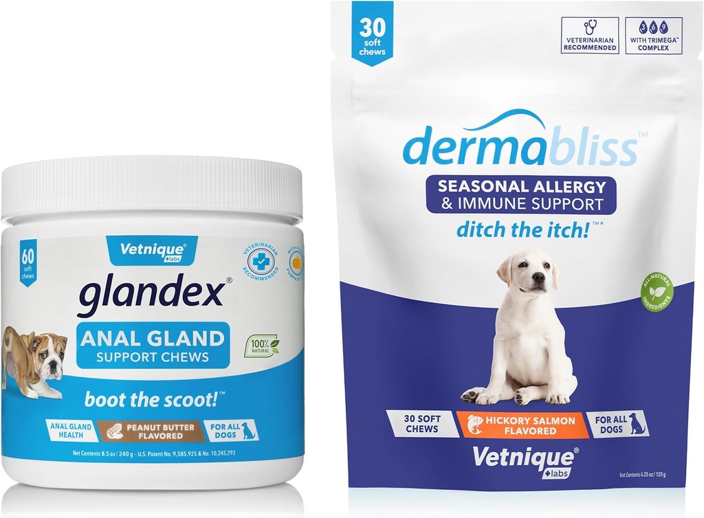 Vetnique Labs Dermabliss 알레르기 Chews 30 Ct와 Glandex 항문 동맥 지원 Chews 60 Ct 뭉치 개 비타민 & 보충교재, Probiotics를 가진 항문 동맥 개 치료, 개 알레르기 피부 처리 연약한 Chew