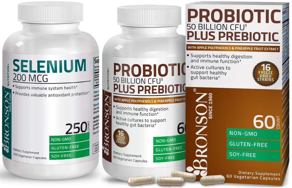 Bronson Probiotic 50 억 CFU + Apple Polyphenols & Pineapple 과일 추출물 + Selenium 200 Mcg Immune 시스템, Thyroid, 전립선 및 심장 건강