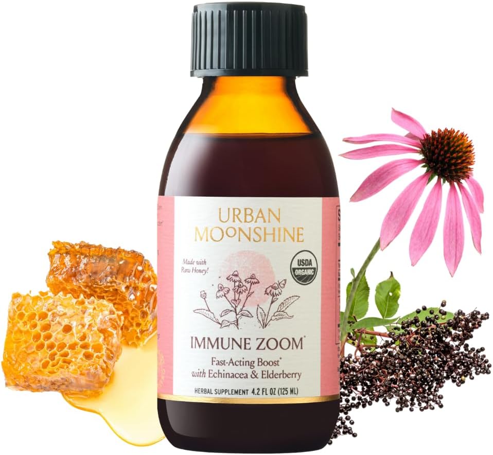 Urban Moonshine Immune Zoom - 빠른 인용 면역 부스트 - 유기 Elderberry Syrup - Echinacea - 익지않는 꿀 - 증명된 유기 - 자연 - 4.2 Fl Oz