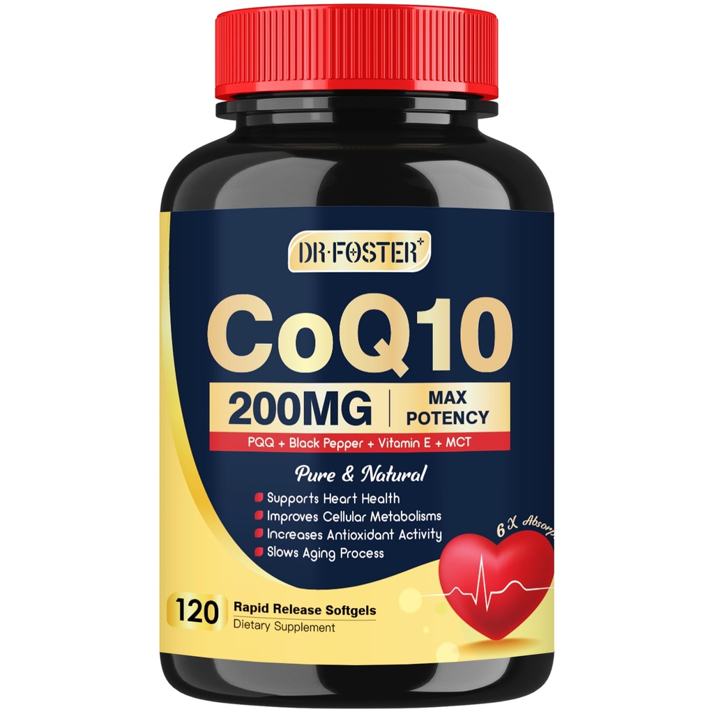 DRFOSTER Coq10 200mg, 산화 방지제 & 에너지 생산을 위한 Coenzyme Q10, 비타민 E & PQQ & 까만 고추 추출물, Co q 10 보충교재 120를 가진 6X 더 높은 흡수 Cq10