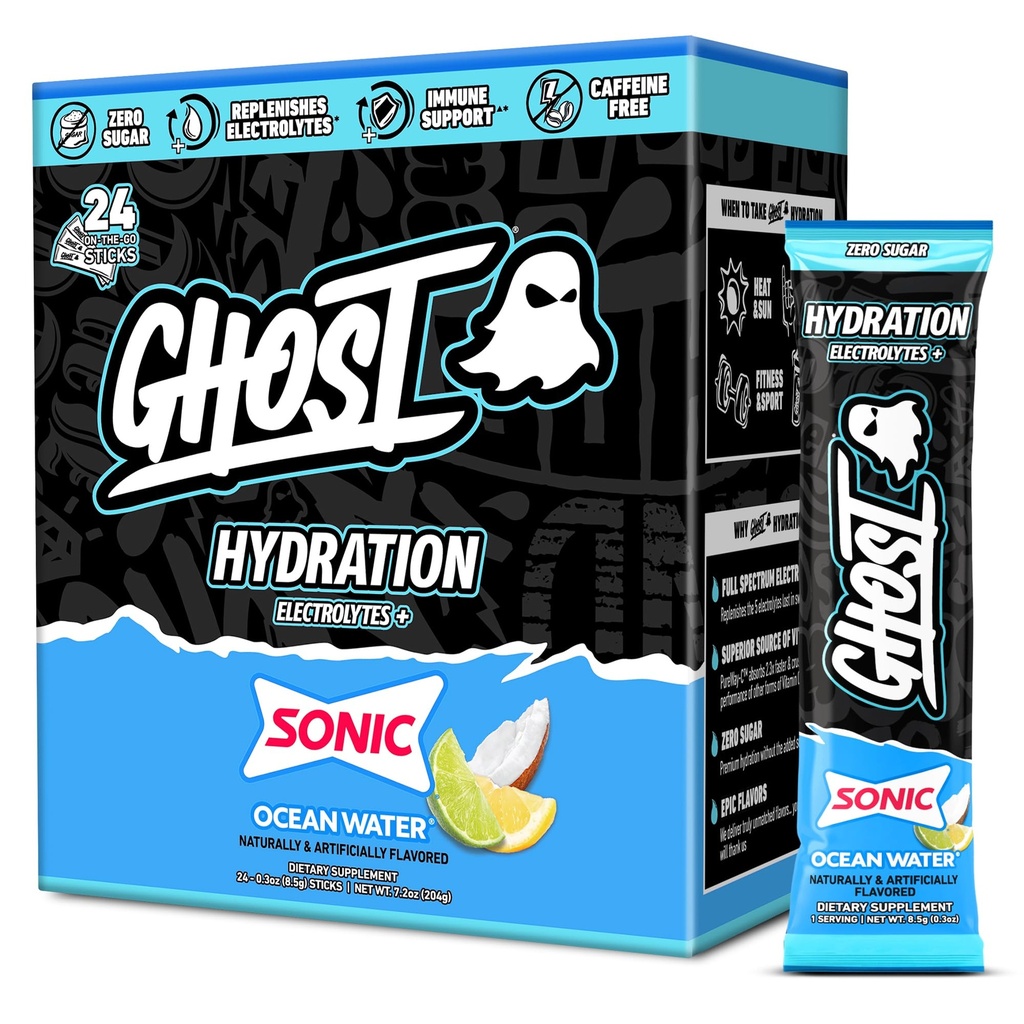 GHOST Hydration Packets, Sonic Ocean Water, 24 Sticks, Electrolyte Powder - 마그네슘, 칼륨, 칼슘, 비타민 C와 음료 혼합 보충 - 콩, 콩, 설탕 및 글루텐의 무료