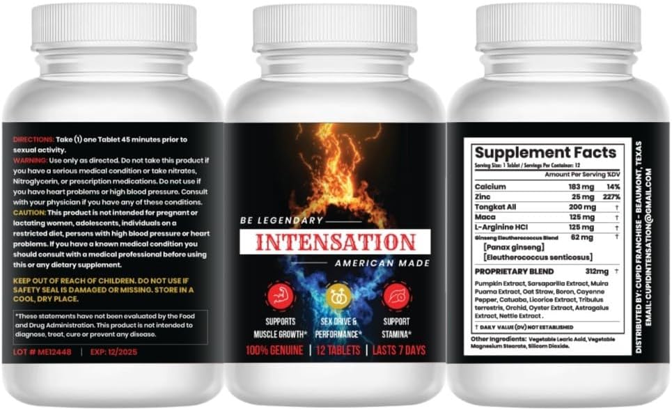 INTENSATION - 남성 보충교재 - 모든 자연적인 체력 지원 - 마지막 더 - 증가 크기, 힘 & 체력 - 에너지 수준을 개량하십시오 - Vitality를 낙관하십시오 - 12의 정제