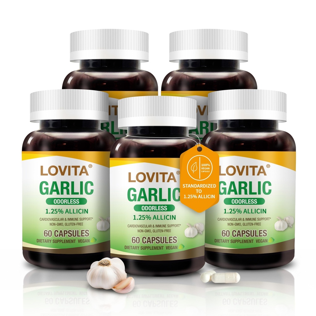 Lovita 무취 마늘 캡슐, 5000mg 신선한 마늘 동등한, 1.25% Allicin 추출물, 지원 심장, 혈압, 콜레스테롤 & 면역 체계, 비 GMO, 글루텐 자유로운, 300 Vegan 캡슐