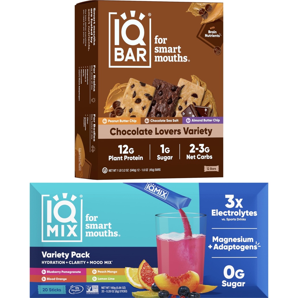 IQBAR 두뇌와 몸 Keto 단백질 막대기 - 12의 조사 초콜렛 Lovers 다양성 낮은 Carb, Vegan 막대기 & IQMIX 설탕 자유로운 전해질 분말 소포 - 20의 조사 Variety 팩 Keto Lions Mane를 가진 전해질