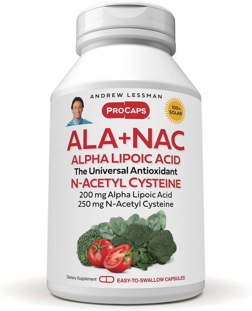 ANDREW LESSMAN ALA + N-Acetyl-Cysteine 180 캡슐을 가진 NAC 알파 Lipoic 산 - Nervous 체계, 심장, 뇌, 간결, Kidneys, Lungs, 에너지를 위한 매우 높은 Potency, 반대로 Oxidant 지원. 없음 첨가제