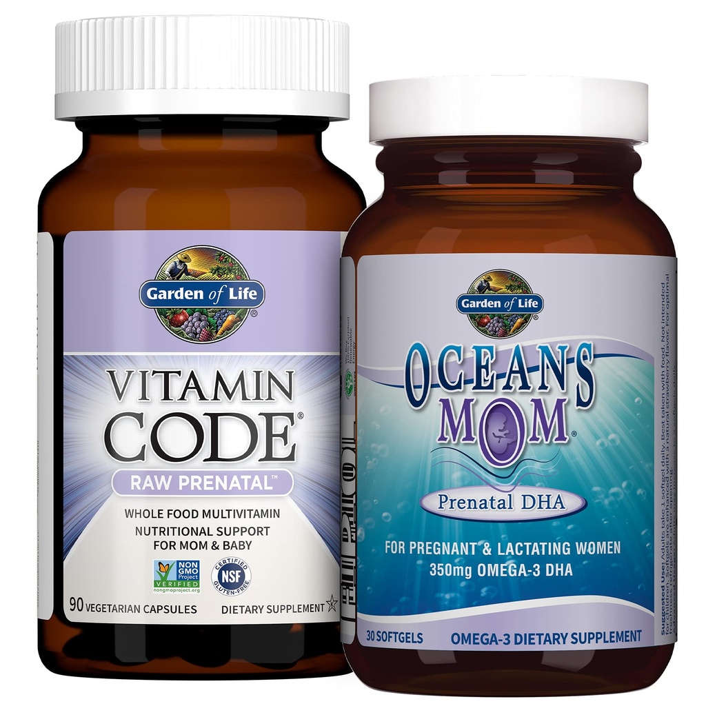생활의 정원 Prenatal 다 + DHA 번들: 비타민 부호 Folate를 가진 익지않는 Prenatal Multivitamin, 90의 채식 캡슐 플러스 대양 엄마 DHA 한 번 매일 350mg DHA 물고기 기름, 30 Strawberry Softgels