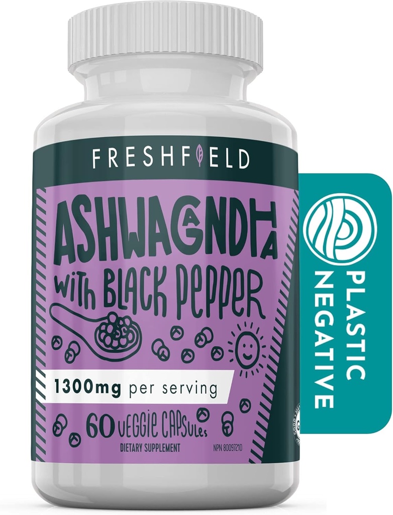 블랙 페퍼와 Freshfield Ashwagandha. Adrenal 피로 지원, 근육 기억, Thyroid 및 힘을위한 Vegan 친절한 보충. 모든 자연적인 1300mg 캡슐