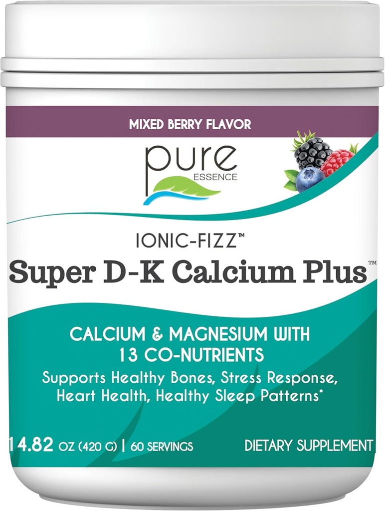 Ionic Fizz Super D-K 칼슘 Plus by Pure Essence - 추가 마그네슘, 비타민 D3, 강한 뼈와 스트레스 지원을위한 비타민 K2 - 혼합 Berry - 14.82oz