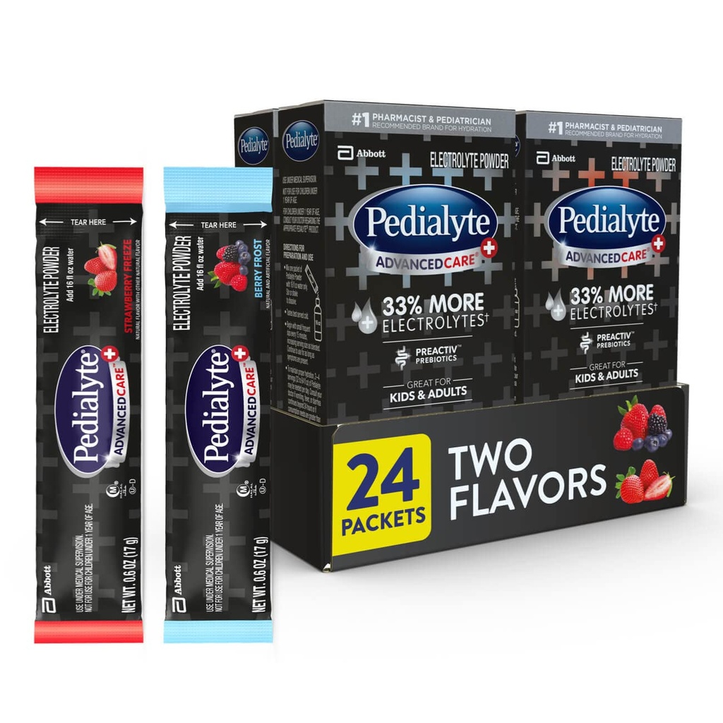 Pedialyte AdvancedCare Plus Electrolyte 파우더, 33% 더 전해질 및 PreActiv Prebiotics, 다양성 팩 : Berry Frost 및 Strawberry Freeze, 24 파우더 패킷