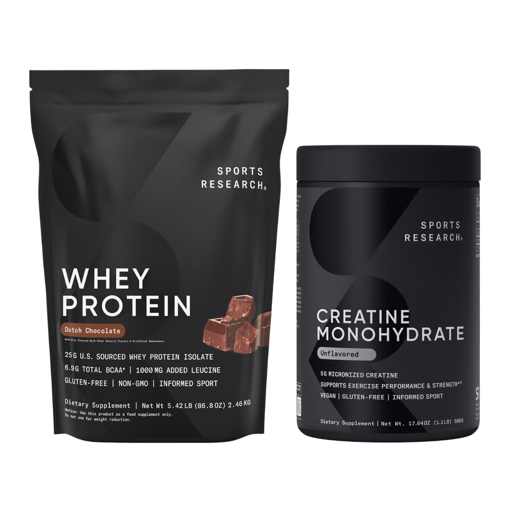 Sports Research® Creatine Monohydrate (1.1 LBS) 및 네덜란드 초콜릿 Whey Protein (5.42 LBS), Lean 근육 건물, 향상된 성능 및 힘 및 운동 회복을위한 동적인 듀오