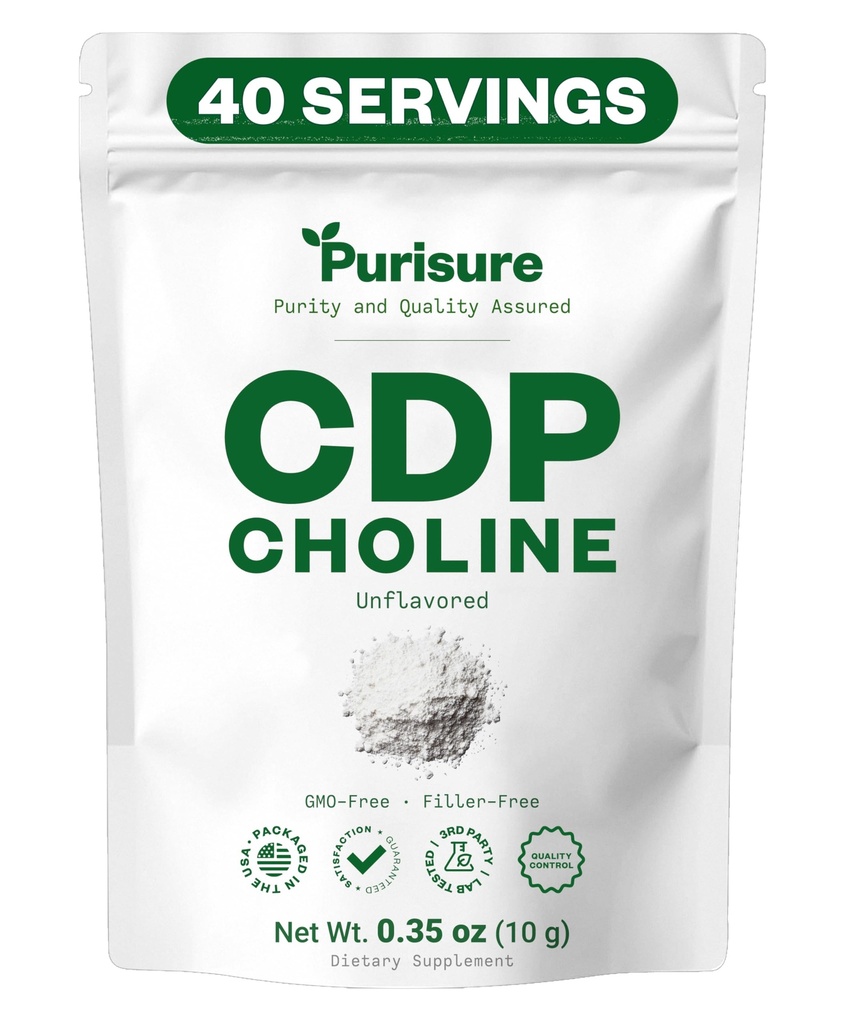 Purisure CDP 콜린 분말, 10g, CDP 콜린은 그 지원 주의, 초점 및 에너지, Cognitive 기능을 위한 Citicoline 분말, 증가 동기와 생산력, 40의 서빙을 보충합니다