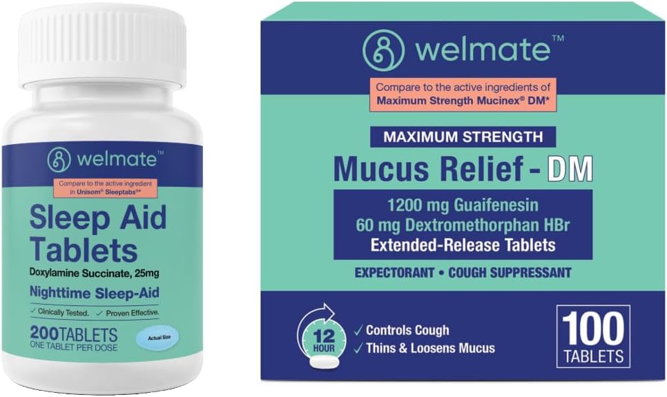 WELMATE 감기 & 홍조 야간 구호 뭉치: Mucus 구호 DM 1200mg Guaifenesin & 60mg DXM (100 Ct) 기침 & 혼잡 구호 + Doxylamine 호박색 25mg 잠 원조 (200의 정제)