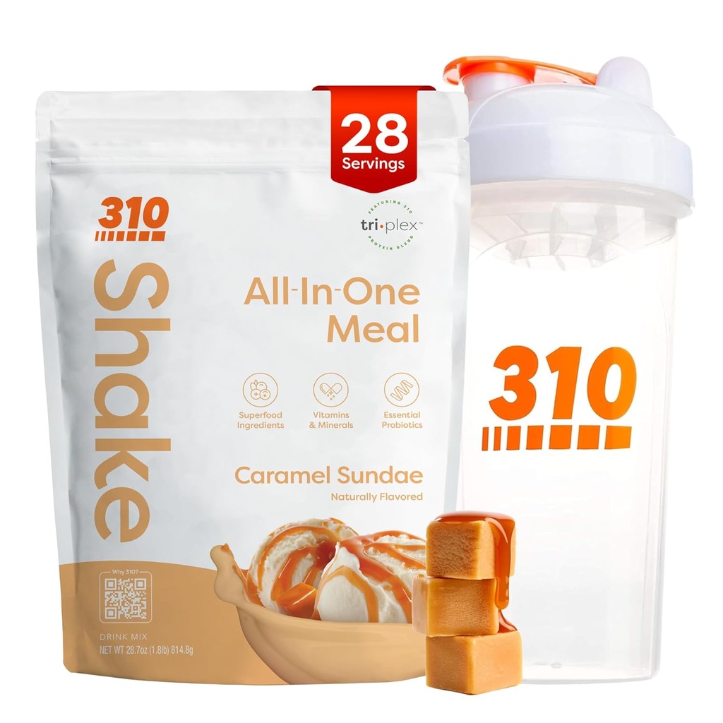 310 영양 올인원 식사 교체 쉐이크 파우더 w / 쉐이커 컵 스타터 키트 - 고단백 섬유 리치 Vegan Superfood Blend - Sugar-Free, Keto & Paleo Friendly, Low Carb - Caramel Sundae 28 srv