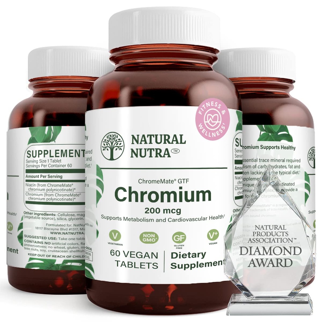 ChromeMate를 가진 자연적인 Nutra GTF Chromium Polynicotinate는, 몸 대사를 지원하고, 몸 건강을 승진시킵니다, 심장 혈관 건강 200 mcg, 60 Vegan 정제