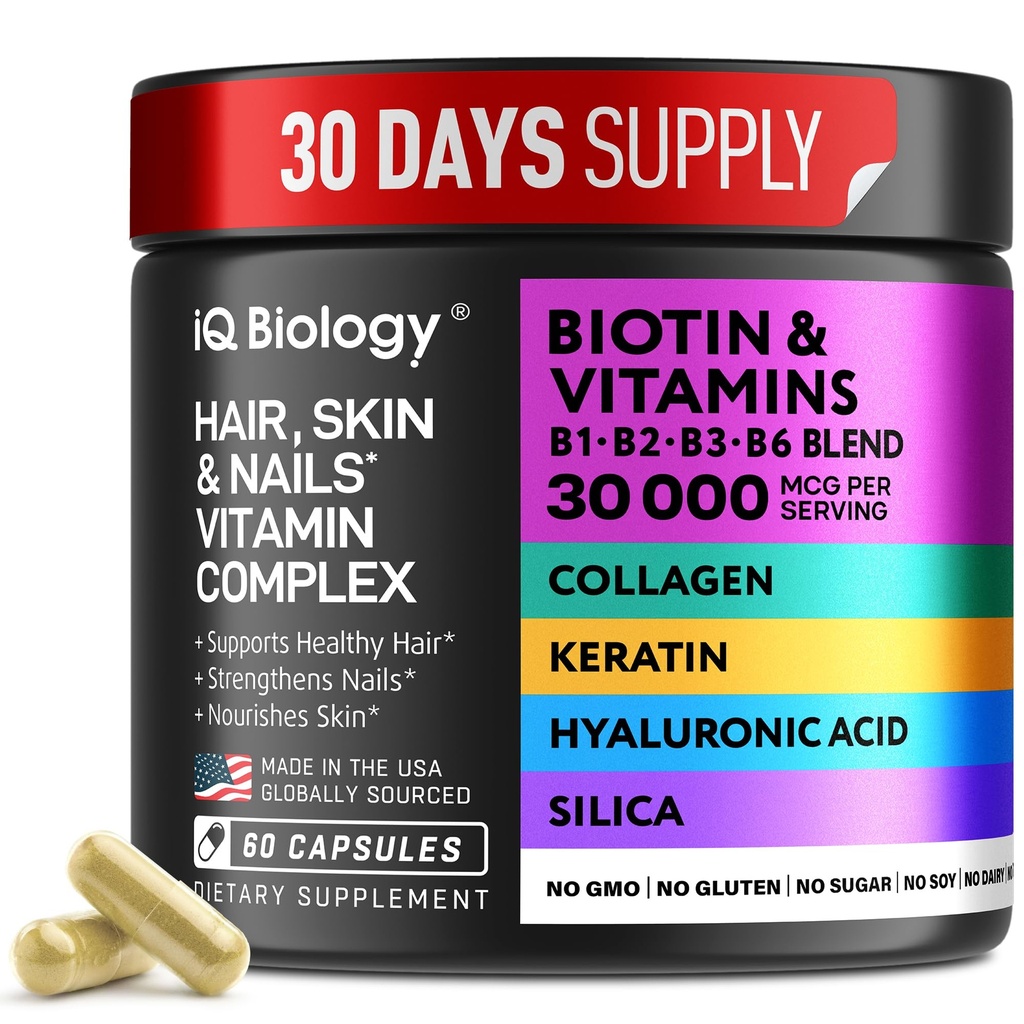 Keratin, Collagen Complex 30000 mcg을 가진 머리 성장 여자 & 남자를 위한 Biotin – 탈모 & 강한 간격을 위한 캡슐 – 피부 & 못 비타민, Biotin 10000mcg 및 교원질 보충교재 - 60 알약