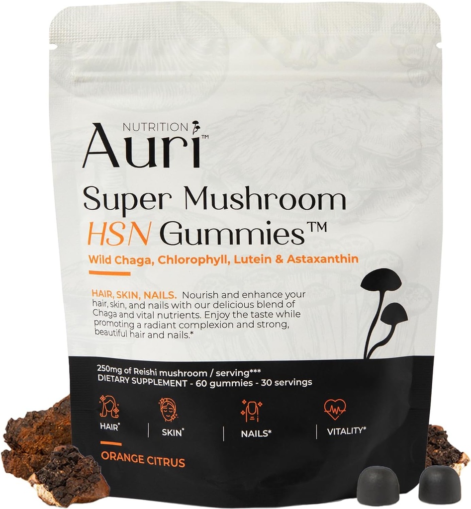 Auri Super Mushroom HSN Gummies - 머리 피부와 손톱 Gummies 기능성 버섯 보충 - Wild Chaga, Chlorophyll, Lutein 및 Astaxanthin - 60 오렌지 감귤류 Gummies