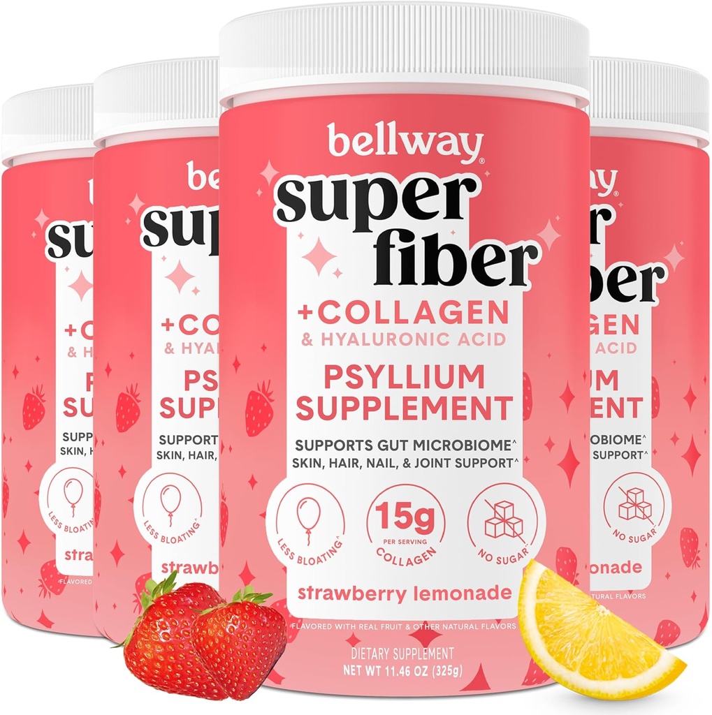 Bellway Super Fiber Powder + Collagen (4 Pack), Gut Health, Healthy Skin, Nails, Bones & Joints, Strawberry Lemonade (45.84 oz)에 대한 Collagen 펩타이드와 설탕없는 심플한 껍질 분말