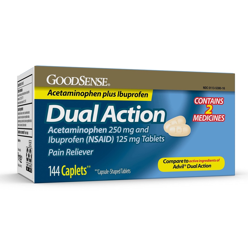 GoodSense 이중 활동 Acetaminophen 250 mg와 Ibuprofen (NSAID) 125 mg 정제, 두통 기복, 관절염 고통 구호 및 더 많은 것을 위한 고통 Reliever, 144 조사
