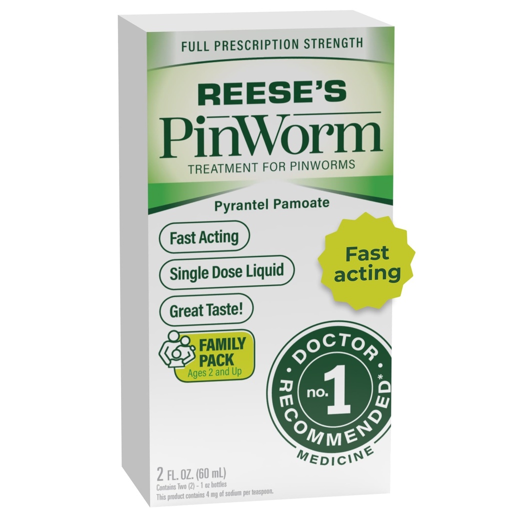 REESE'S PINWORM 의학 액체 가족, 전체 처방 힘, 2 Oz, #1 의사 성인 & 아이 나이 2 +, 바나나 맛을위한 추천 단일 복용량 Pyrantel Pamoate Dewormer
