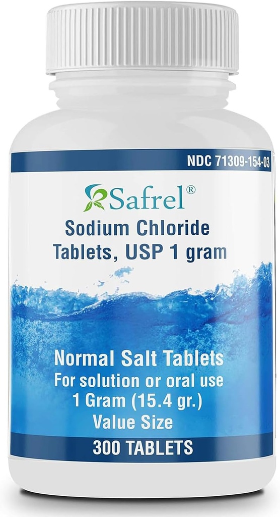Safrel 나트륨 염화물 정제 1 gm, USP | 정상적인 소금 정제 | (15.4gr.) | Electrolytes Replenisher Hydration 음료 (300 개)