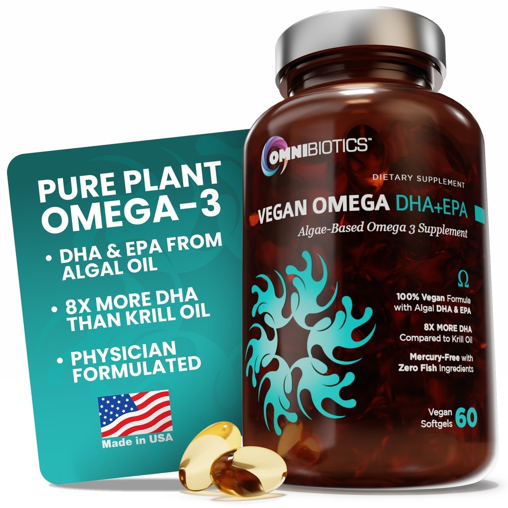 OmniBiotics Vegan Omega 3 DHA EPA 보충교재 – Krill 기름, 물고기 자유로운, 비 GMO – 60 Vegan 캡슐 보다는 8X 더 많은 DHA를 가진 MD 증명된 Prenatal 보충교재
