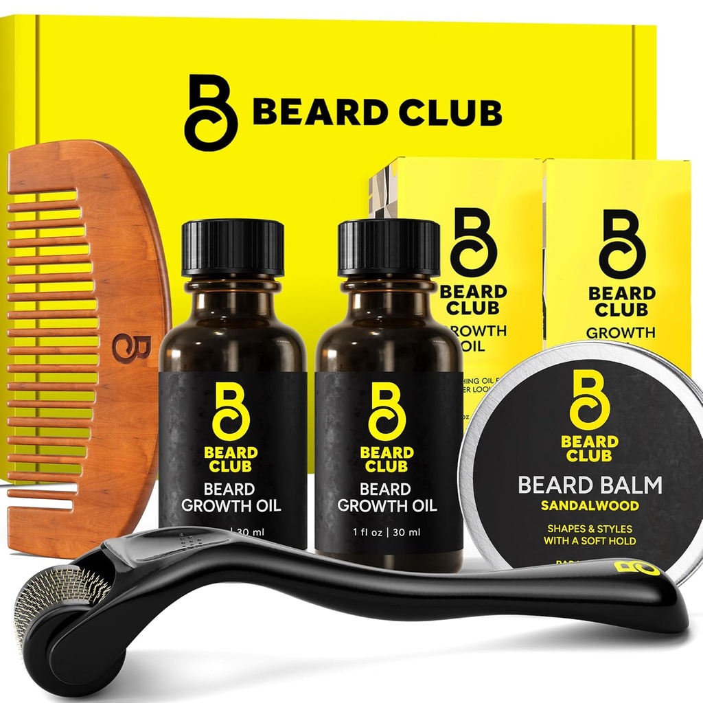 Beard Club 향상된 Beard 성장 키트 - Derma Roller, Beard Growth Oil (2PK), 샌달우드 Beard Balm, Comb - 선물 세트