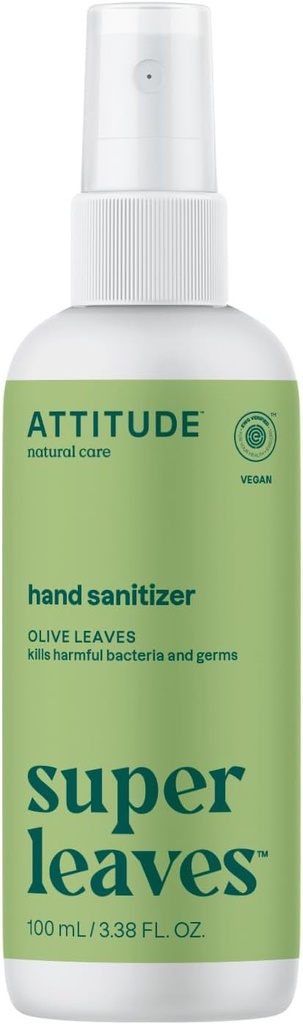 ATTITUDE 손 소독제 살포, EWG Verified, Kills Germs & Bacteria, Vegan & Plant-Based, 성인 & 아이를 위한 안전, 올리브 잎 냄새, 3.38 Fl Oz (스프레이 병)