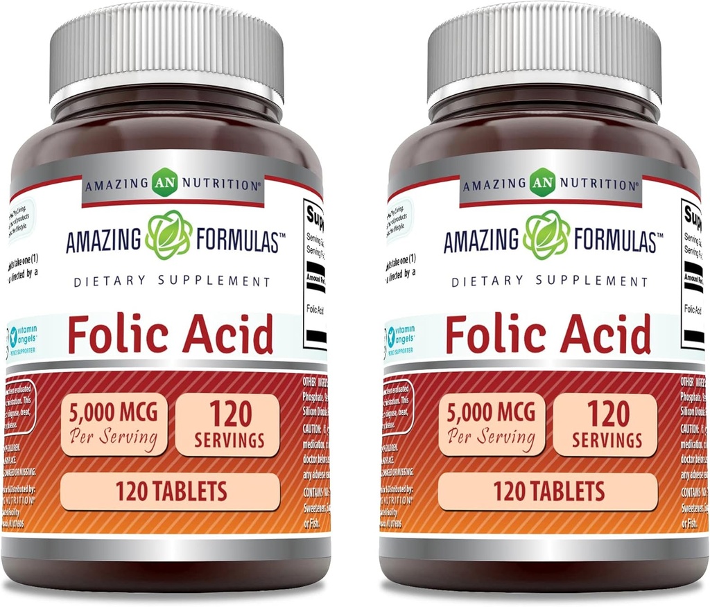 놀라운 수식 Folic 산 보충 | 5000 Mcg | 120 정제 | Non-GMO | 글루텐 프리 | 미국에서 제작 (2 팩)