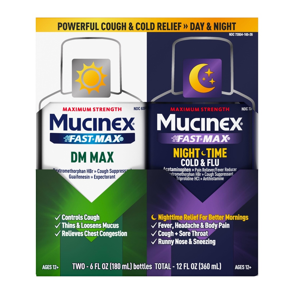최대 힘 Mucinex FastMax DM 최대 & Mucinex Nightshift 찬 & 유출 액체 (2개 x 6개 fl. oz.) 얇고 느슨한 Mucus는, 기침 & 가슴 혼잡, 고통, Fever, Sneezing, Sore Throat, Runny Nose를 구호합니다