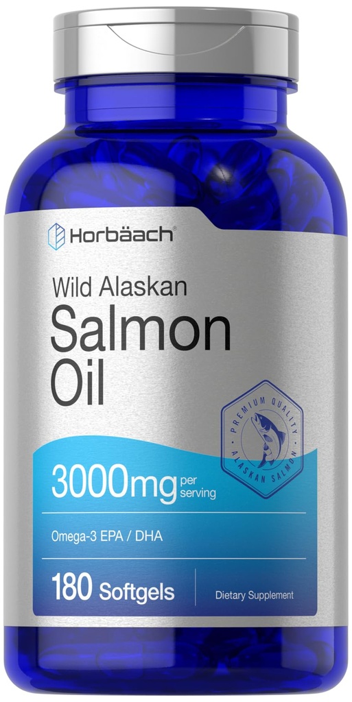 Horbäach Wild Alaskan Salmon Fish Oil | 180 Softgel 캡슐 | 글루텐 프리, 비 GMO | 높은 효능 | 오메가-3 지방산 EPA 및 DHA의 우수한 소스