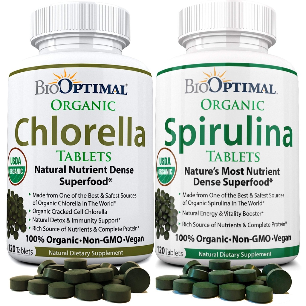 BioOptimal Chlorella Spirulina - 번들 - 유기 Chorella 정제 & 유기 Spirulina 정제, 120 각, 프리미엄 품질 4 유기 인증