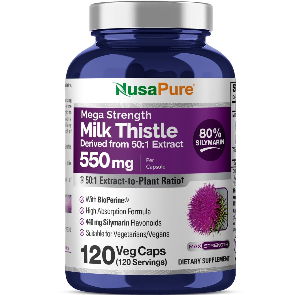 NusaPure 우유 이틀 50:1 추출물, 27,500mg 120 Veggie 캡슐 비 GMO, Vegan 최대 힘과 동등한 550 mg - 표준화 된 80 % Silymarin, Bioperine