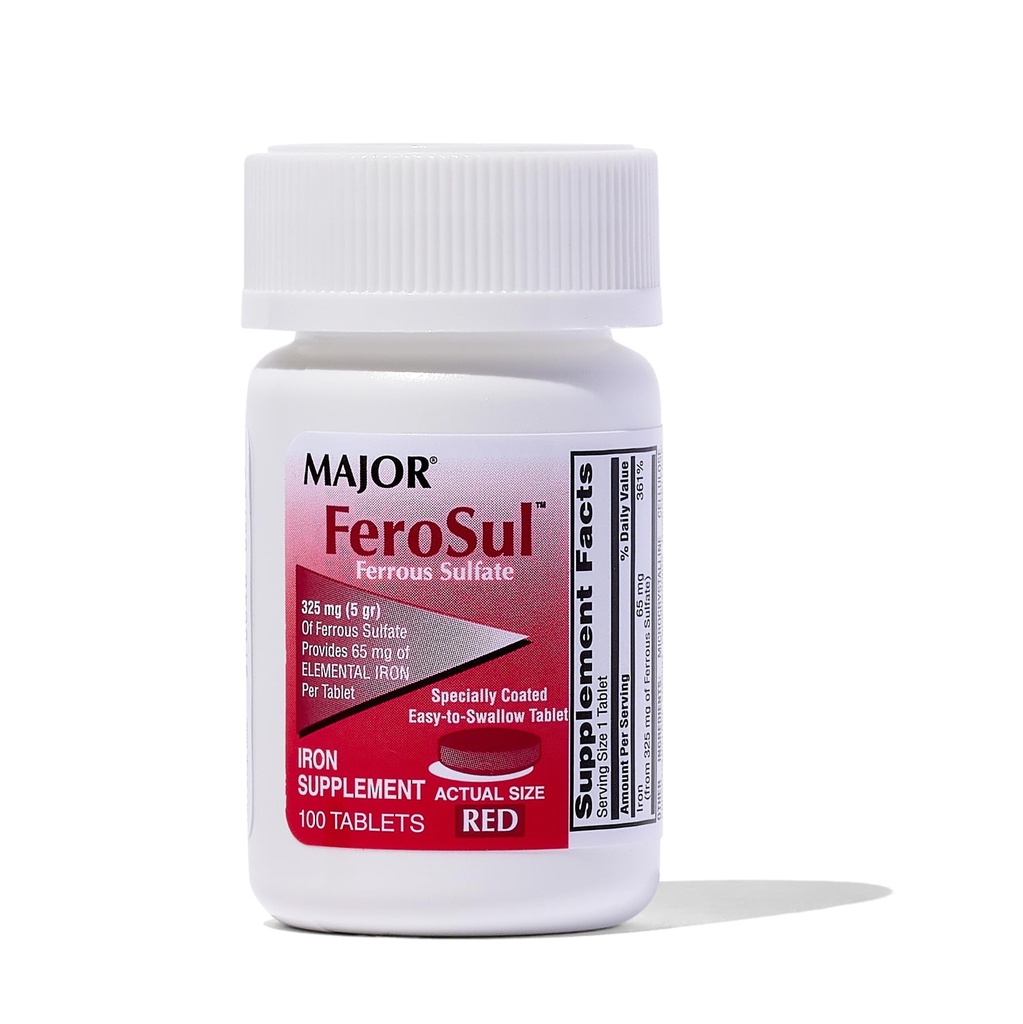 주요 Ferosul - 성분 철의 65mg을 가진 철 황산염 325mg 정제 - 여자를 위한 철 보충교재, 남자 - 빨강 - 100개의 정제 - 1의 팩