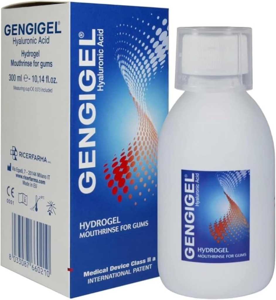Gengigel Hyaluronic 산 입rinse (300 ml), Gum 건강을 위한 구두 배려 해결책은, Discomfort를 감소시키고, Gum Recession & Gingivitis, 알콜 또는 SLS, Vegan & Kosher를 돕습니다