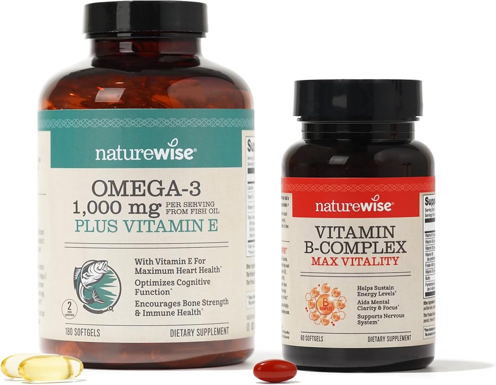 NatureWise 1000mg 오메가 3 600mg EPA 400mg DHA 비타민 E 180ct & 비타민 B 복합체 셀룰러 에너지 60 Softgels[2-달]