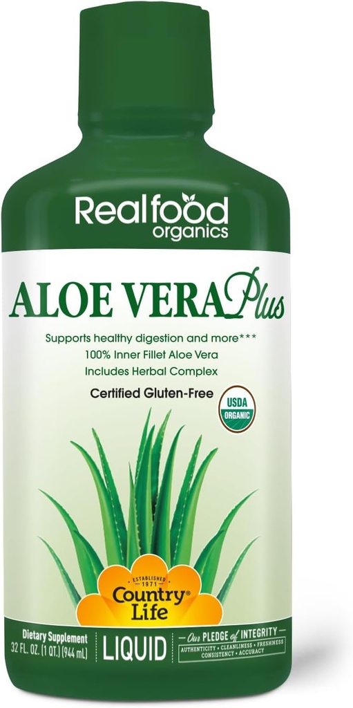 Country Life Realfood Organics Liquid Aloe Vera Plus - Digestive Health & Immune System 지원 - Slippery Elm, Ginger, Turmeric, Peppermint - 유기농 ACTIValoe, Qmatrix 공정 - 32 oz