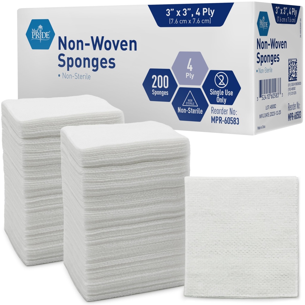MED PRIDE 3x3 in Gauze Pads 200 Pack, Nonsterile, 4 Ply, Nonadherent Mesh Bandages, 흡수성 부상 치료 Dressing Sponges