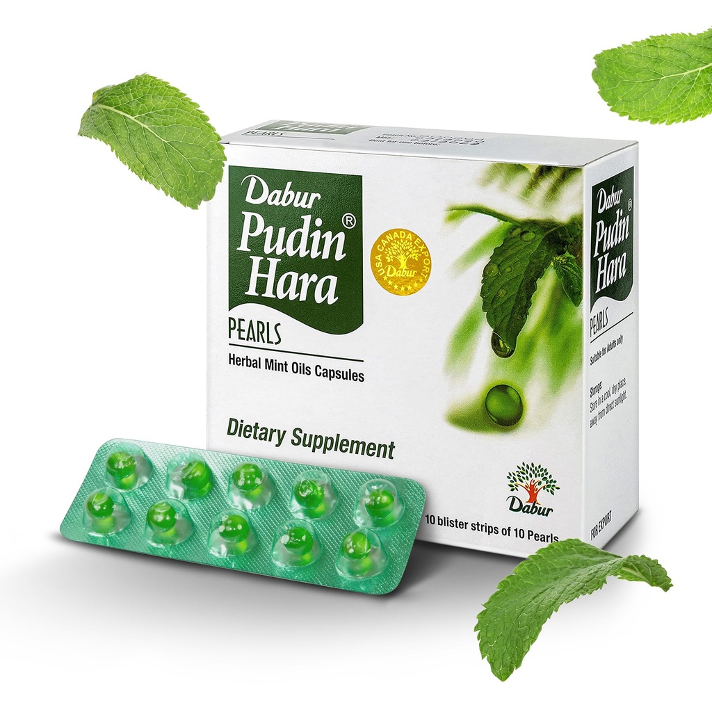 Dabur Pudin Hara Pearls - 남자와 여자를 위한 매일 이식적인 배려 보충교재는, 소화와 Gut 건강, 100개의 조사 (10의 포장)를 위한 Bloating, 산성도, Flatulence 및 Indigestion의 평균 증상을 돕습니다