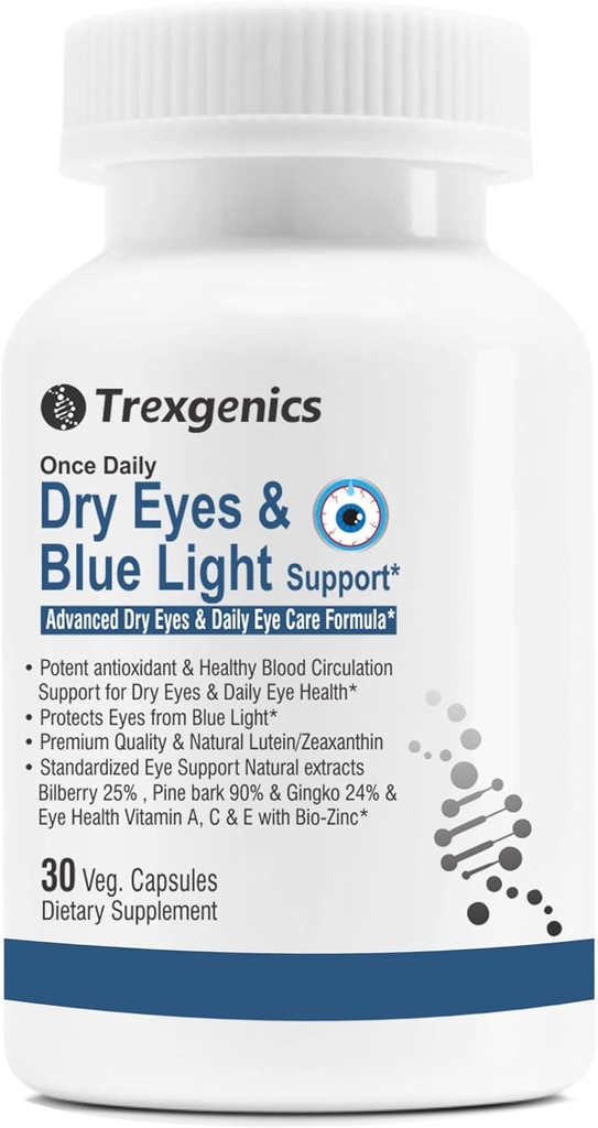 Trexgenics 건조한 눈 & 파란 빛 지원 Lutein 10mg, Zeaxanthin 2mg, Bilberry, Ginkgo, 소나무 껍질, 비타민 C, 아연 & 비타민 A (30 Veg 캡슐)를 가진 매일 채식주의자 공식