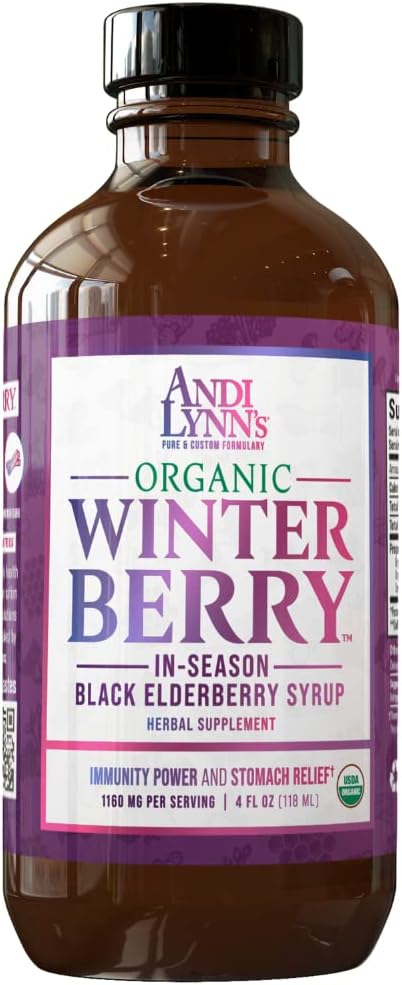 Andi Lynn의 Winterberry 검정 Elderberry Syrup - 검정 Elderberry, Cinnamon, Ginger, 꿀 & 레몬 - 전체적인 가족을 위한 면역 지원 - 유기 & 중대한 Tasting Syrup 4oz