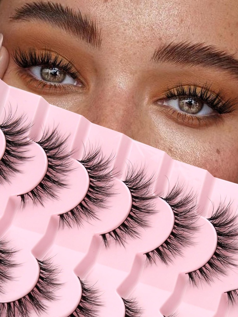 Lashes Natural Cat Eye Lashes Wispy Eyelashes 15mm False Eyelashes Wispy Lashes 3D 볼륨 스트립 속눈썹 얇은 코튼 밴드 소프트 가짜 속눈썹 팩 7 쌍 Siligli